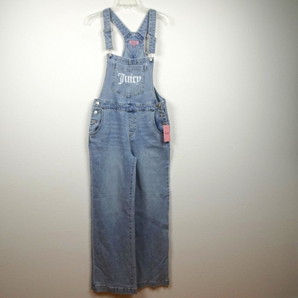 Juicy Couture Overalls Women's Size M Blue Denim Wide Leg Rhinestone Logo